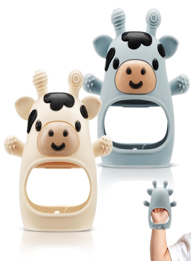 TOHIBEE 2 Packs Baby Teething Toys for 0-6 6-12 Months, Food Grade Silicone Adjustable Cow Teething Mitten, Chew Teether Toys for Teething Pain Relief, Baby and New Born Essentials, Blue & White - Image 1
